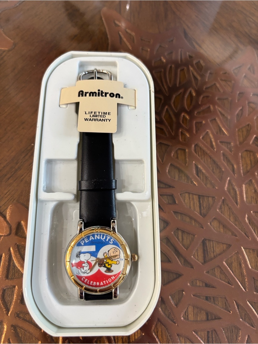 Armitron Gold-Tone Peanuts Dial Watch with Black Strap